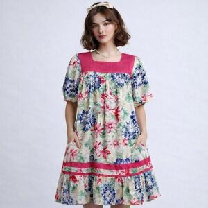 Vintage Krist Gudnason Floral Cotton Dress Square Neck Puff Sleeve Boho Cottage‎